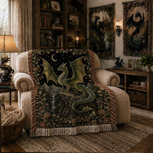 Emerald Moon Dragon Woven Blanket - Fantasy Wall Decor
