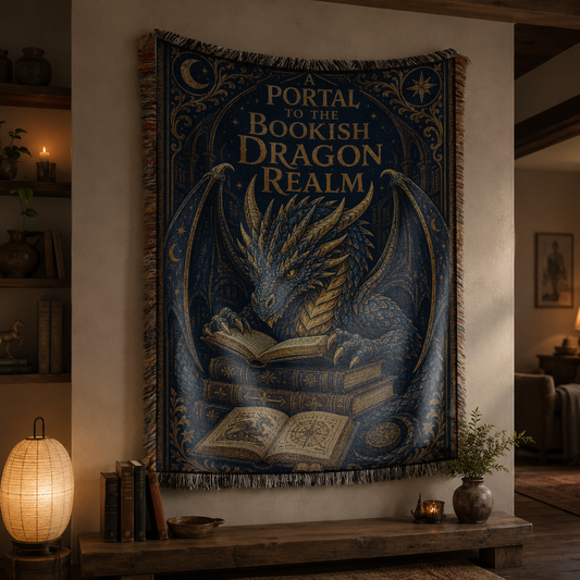 Bookish Dragon Woven Blanket - Fantasy Library Wall Decor