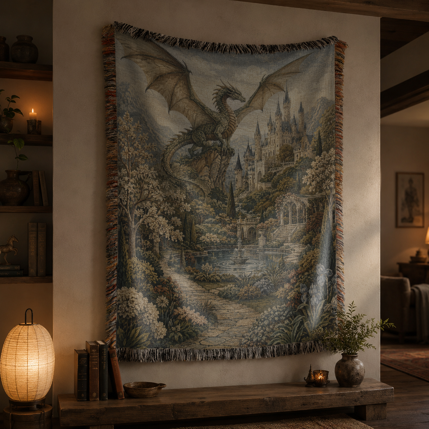 Dragon Castle Woven Tapestry – Medieval Fantasy Wall Blanket