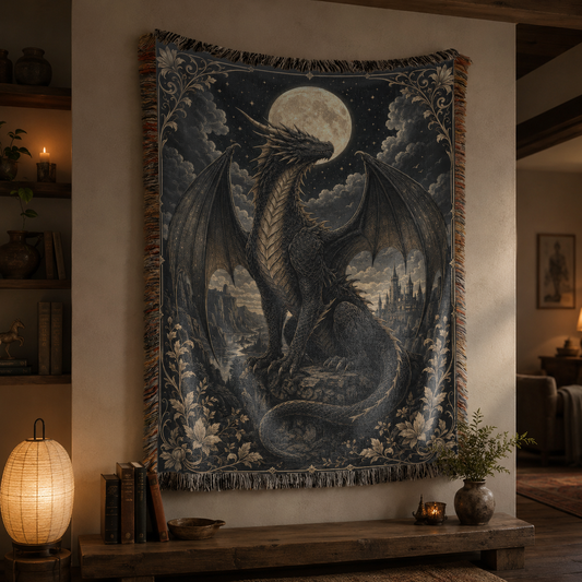 Moonlit Silver Dragon Woven Blanket - Gothic Fantasy Wall Decor