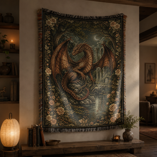Bronze Grove Dragon Woven Blanket - Fantasy Wall Decor