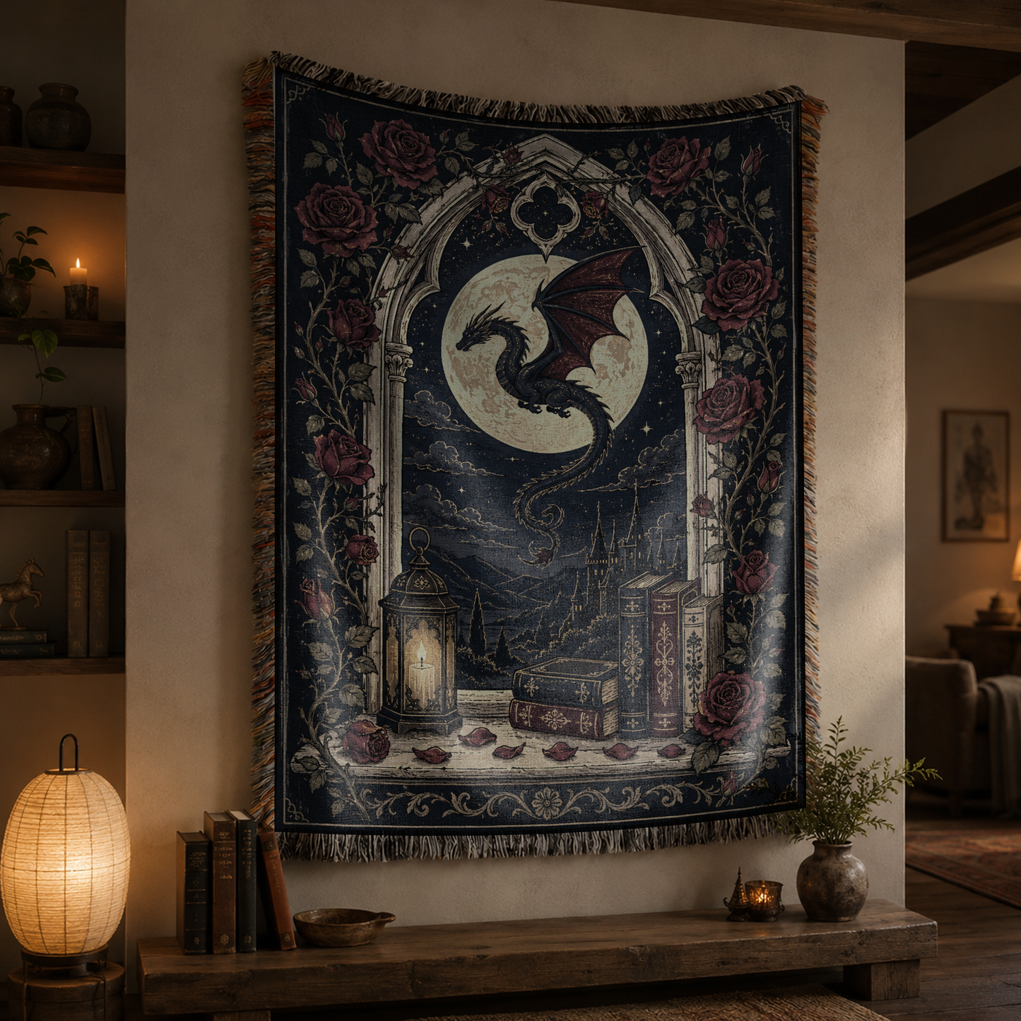 Moonlit Rose Window Dragon Woven Relic Blanket
