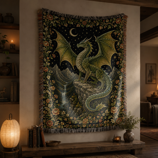 Emerald Moon Dragon Woven Blanket - Fantasy Wall Decor