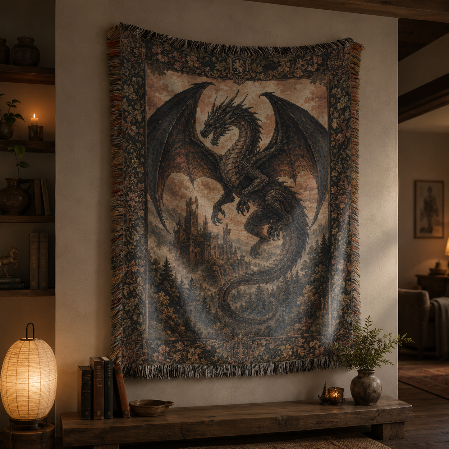 Dark Dragon Woven Tapestry – Gothic Medieval Fantasy Wall Blanket