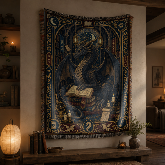 Library Guardian Dragon Woven Blanket
