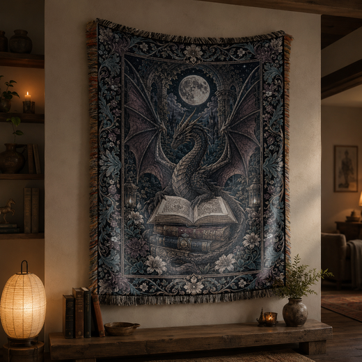 Moonlit Library Dragon Woven Blanket