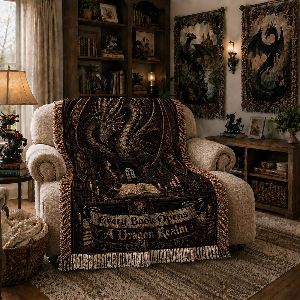 Every Book Opens A Dragon Realm Woven Relic Blanket