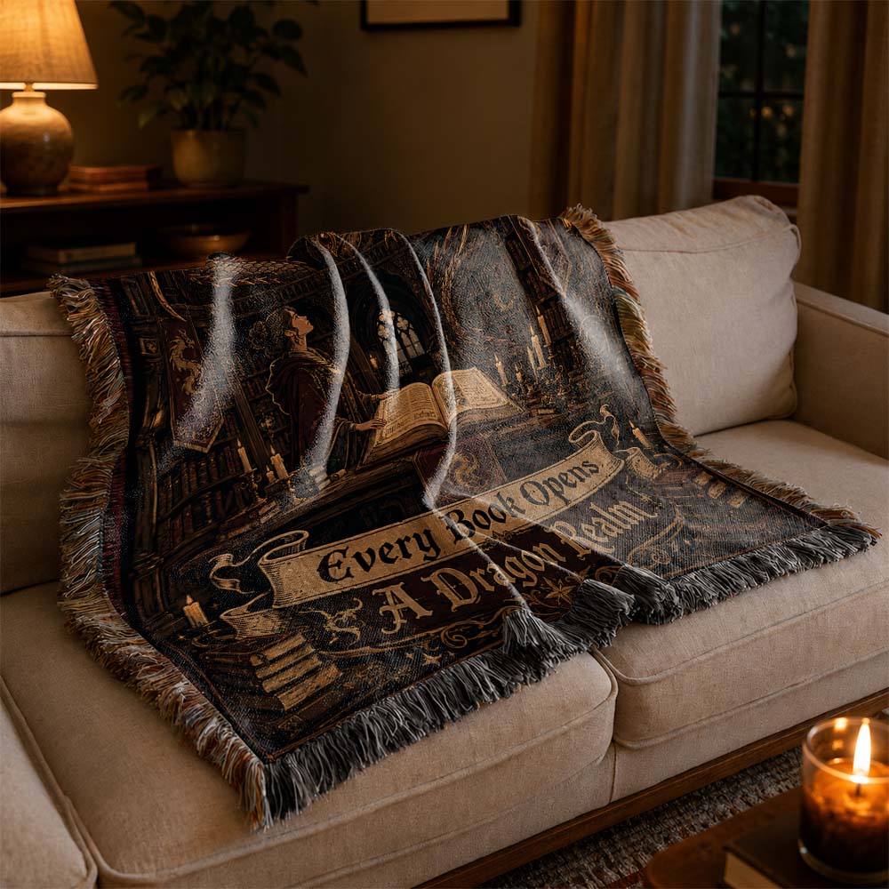 Every Book Opens A Dragon Realm Woven Relic Blanket