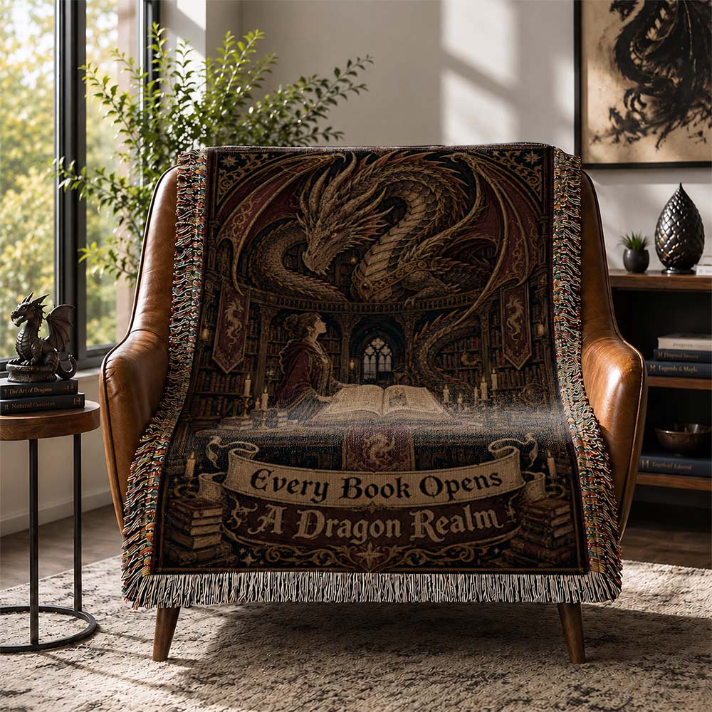 Every Book Opens A Dragon Realm Woven Relic Blanket