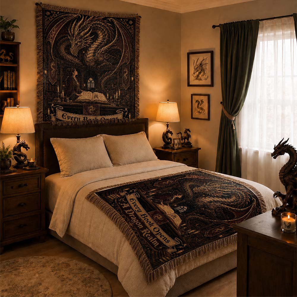 Every Book Opens A Dragon Realm Woven Relic Blanket