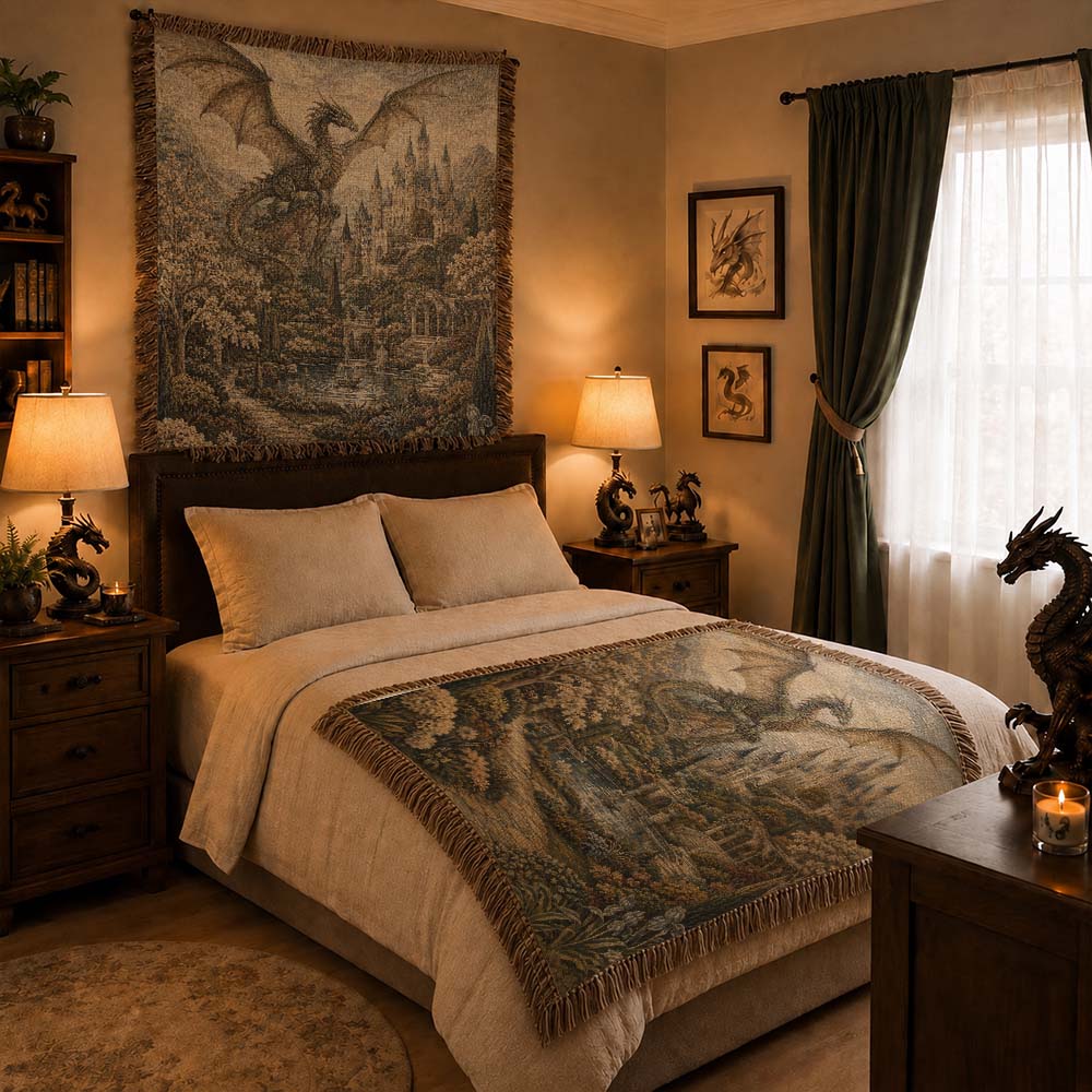 Dragon Castle Woven Tapestry – Medieval Fantasy Wall Blanket
