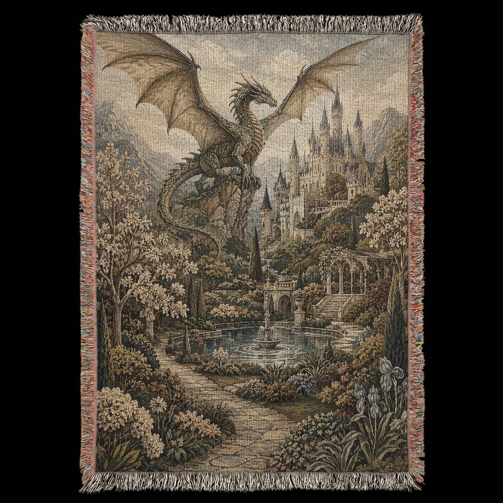 Dragon Castle Woven Tapestry – Medieval Fantasy Wall Blanket