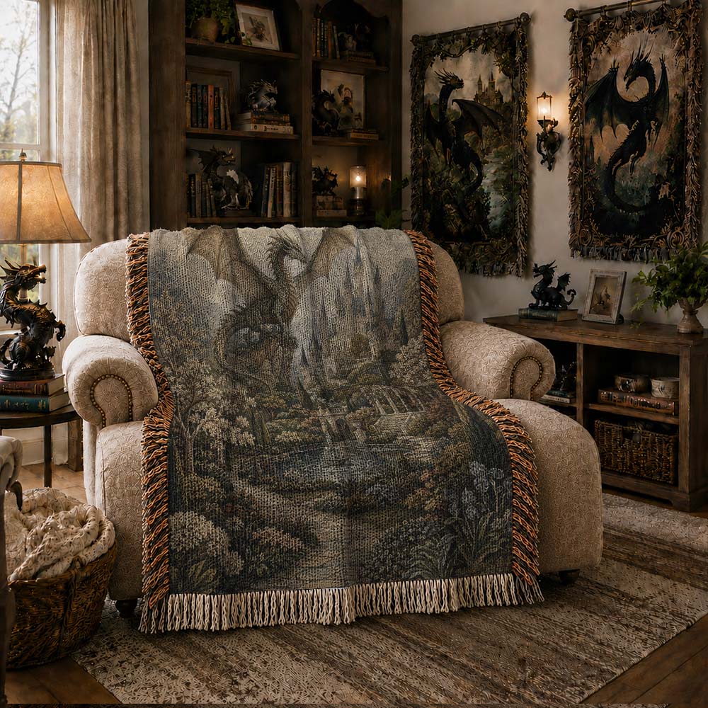 Dragon Castle Woven Tapestry – Medieval Fantasy Wall Blanket