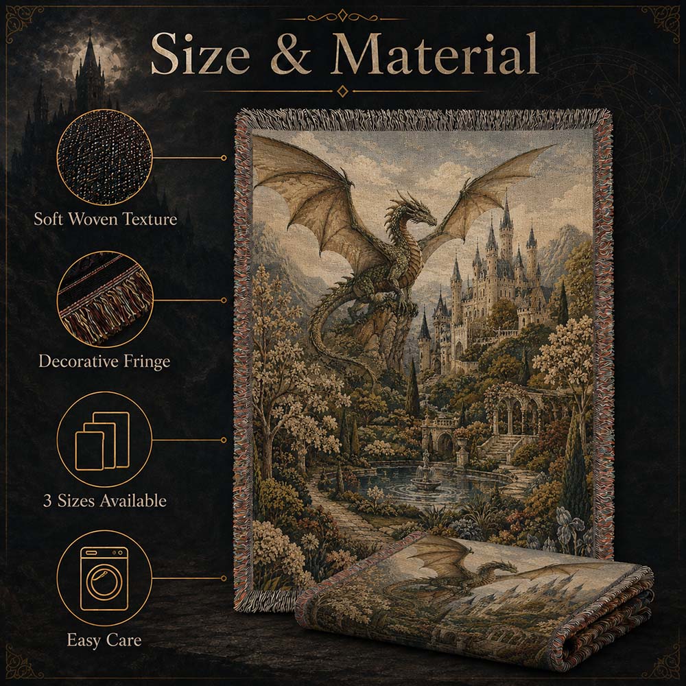 Dragon Castle Woven Tapestry – Medieval Fantasy Wall Blanket