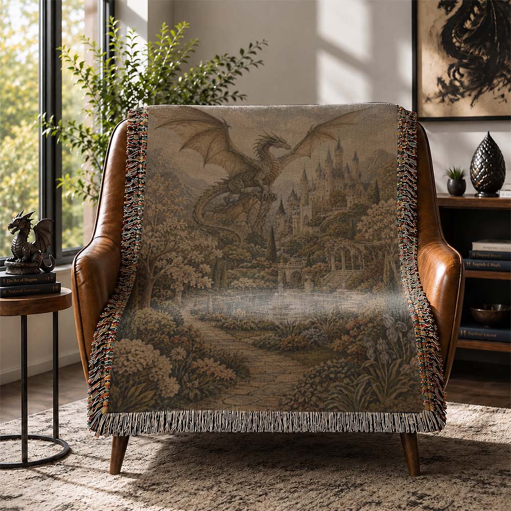Dragon Castle Woven Tapestry – Medieval Fantasy Wall Blanket
