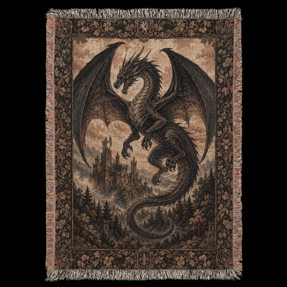 Dark Dragon Woven Tapestry – Gothic Medieval Fantasy Wall Blanket
