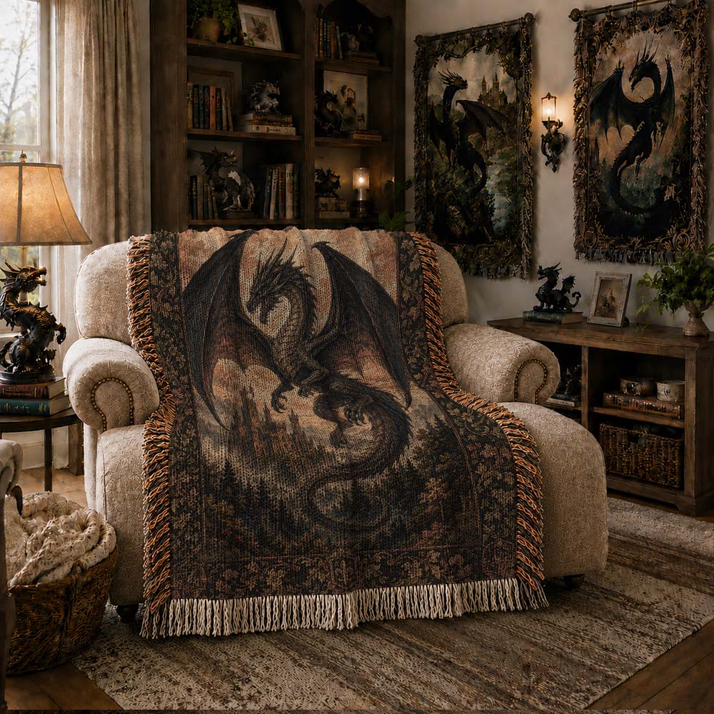 Dark Dragon Woven Tapestry – Gothic Medieval Fantasy Wall Blanket
