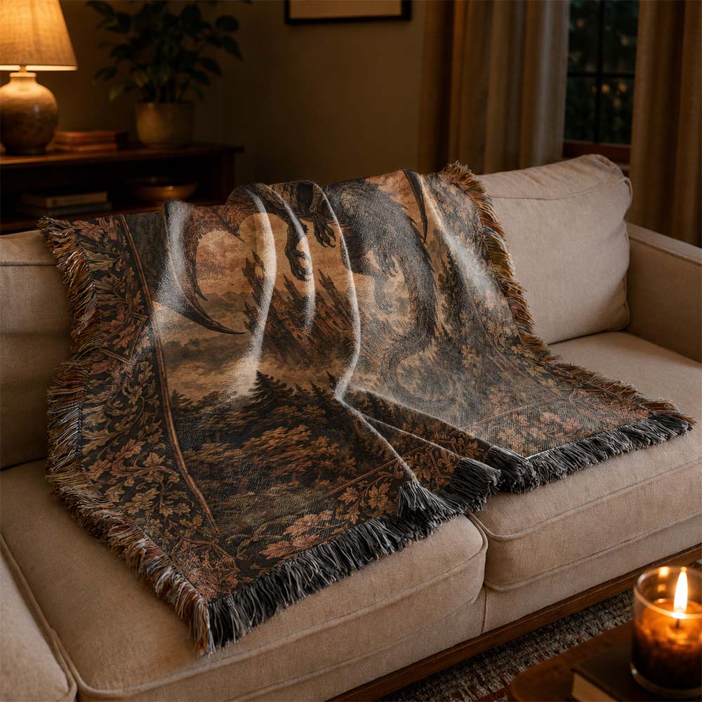 Dark Dragon Woven Tapestry – Gothic Medieval Fantasy Wall Blanket