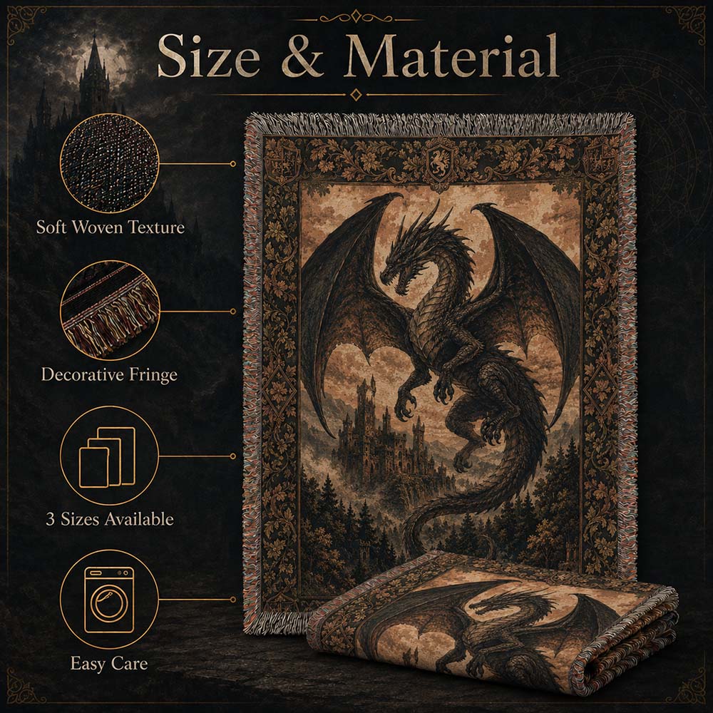 Dark Dragon Woven Tapestry – Gothic Medieval Fantasy Wall Blanket