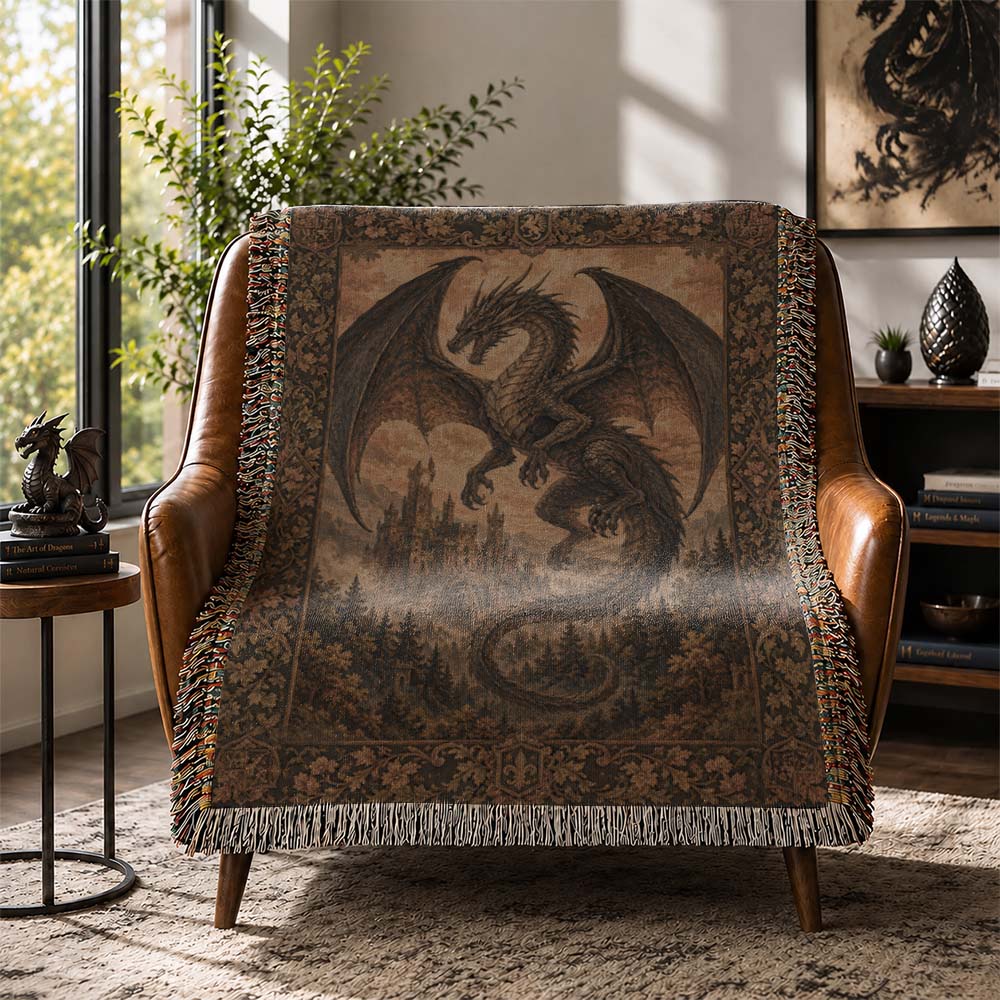 Dark Dragon Woven Tapestry – Gothic Medieval Fantasy Wall Blanket