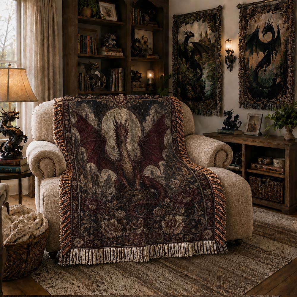 Moonlit Dragon Woven Relic Blanket – Gothic Fantasy