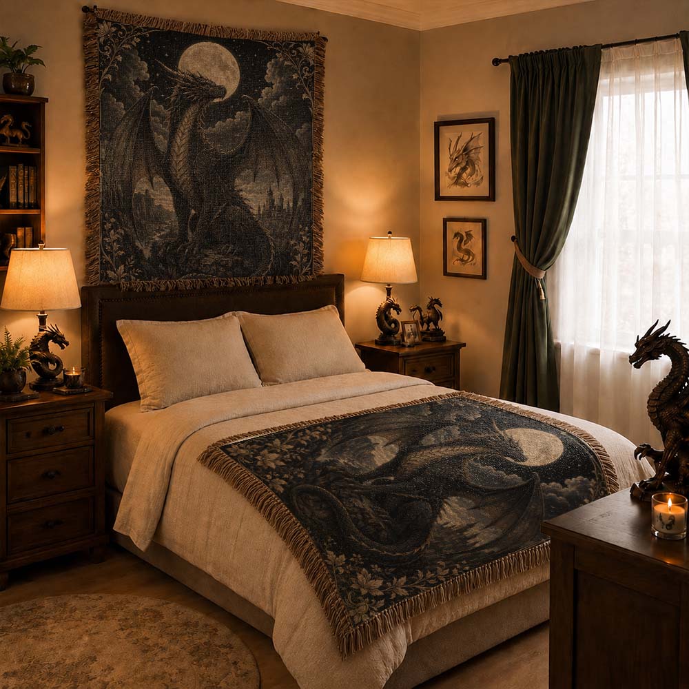 Moonlit Silver Dragon Woven Blanket - Gothic Fantasy Wall Decor