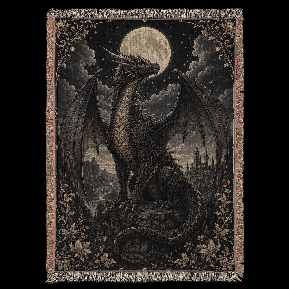 Moonlit Silver Dragon Woven Blanket - Gothic Fantasy Wall Decor