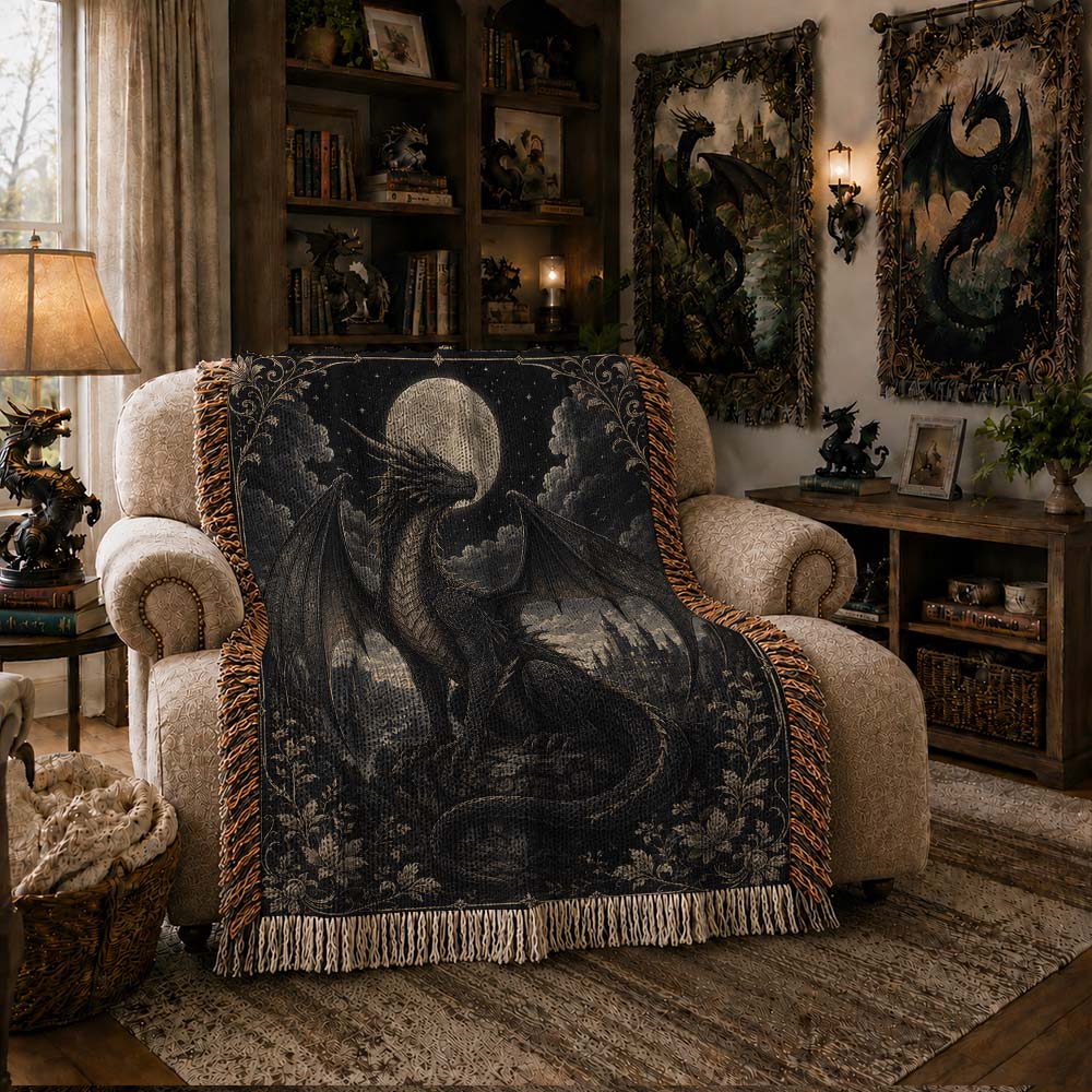 Moonlit Silver Dragon Woven Blanket - Gothic Fantasy Wall Decor