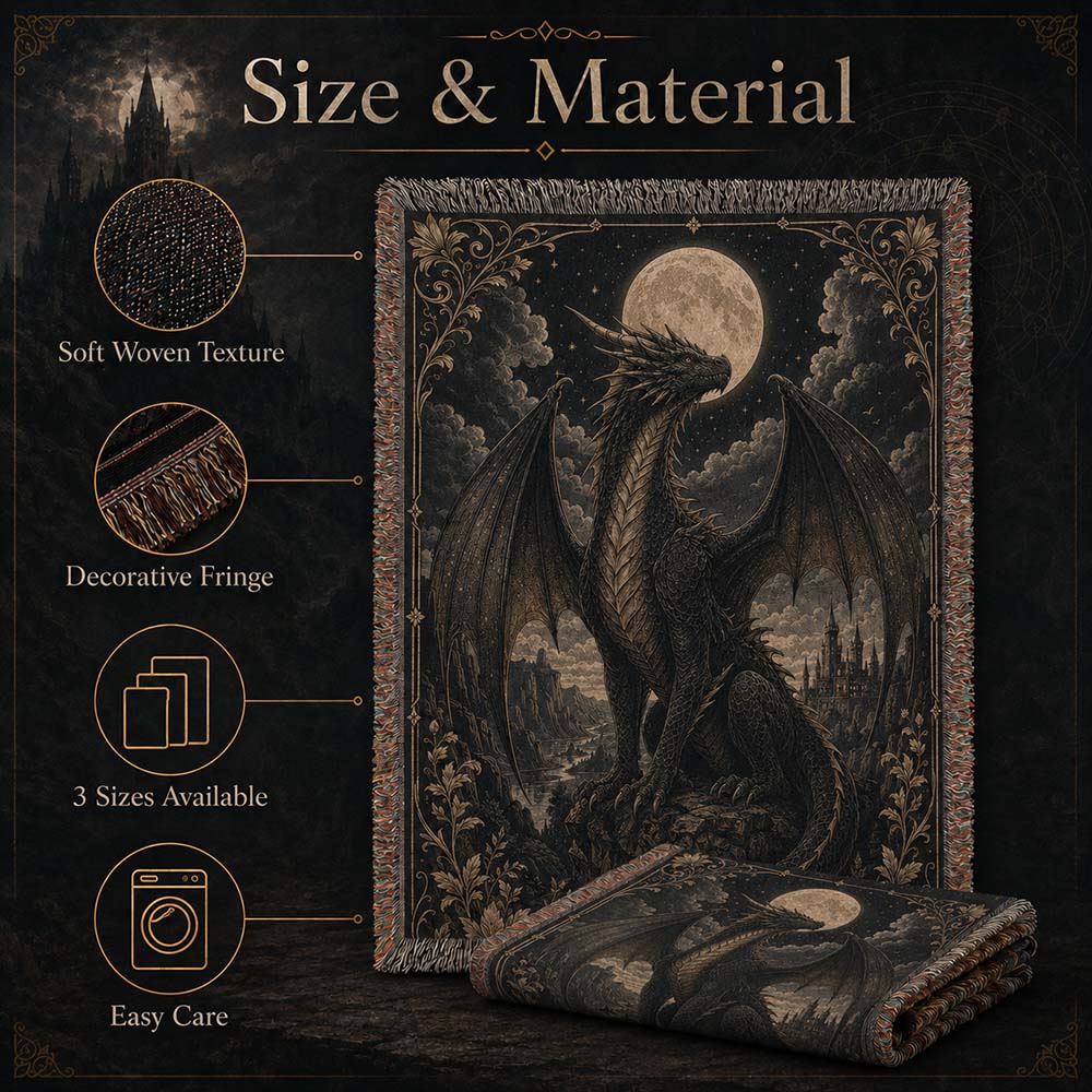 Moonlit Silver Dragon Woven Blanket - Gothic Fantasy Wall Decor