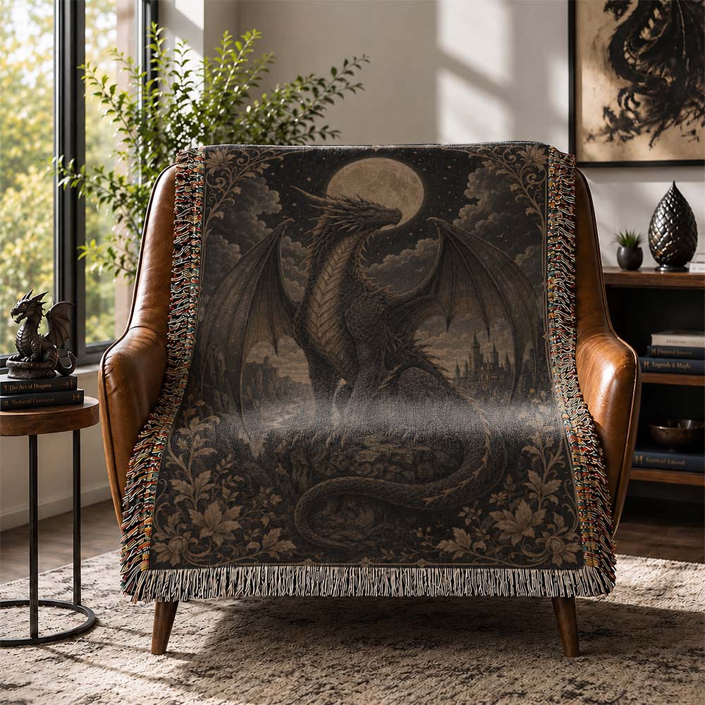 Moonlit Silver Dragon Woven Blanket - Gothic Fantasy Wall Decor