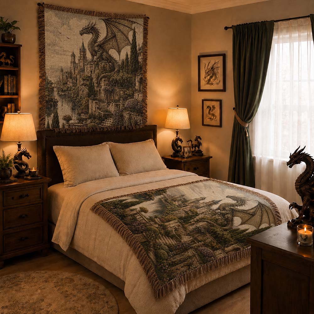 Castle Garden Dragon Woven Blanket - Fantasy Wall Decor