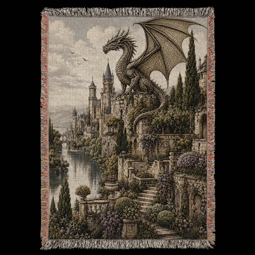 Castle Garden Dragon Woven Blanket - Fantasy Wall Decor