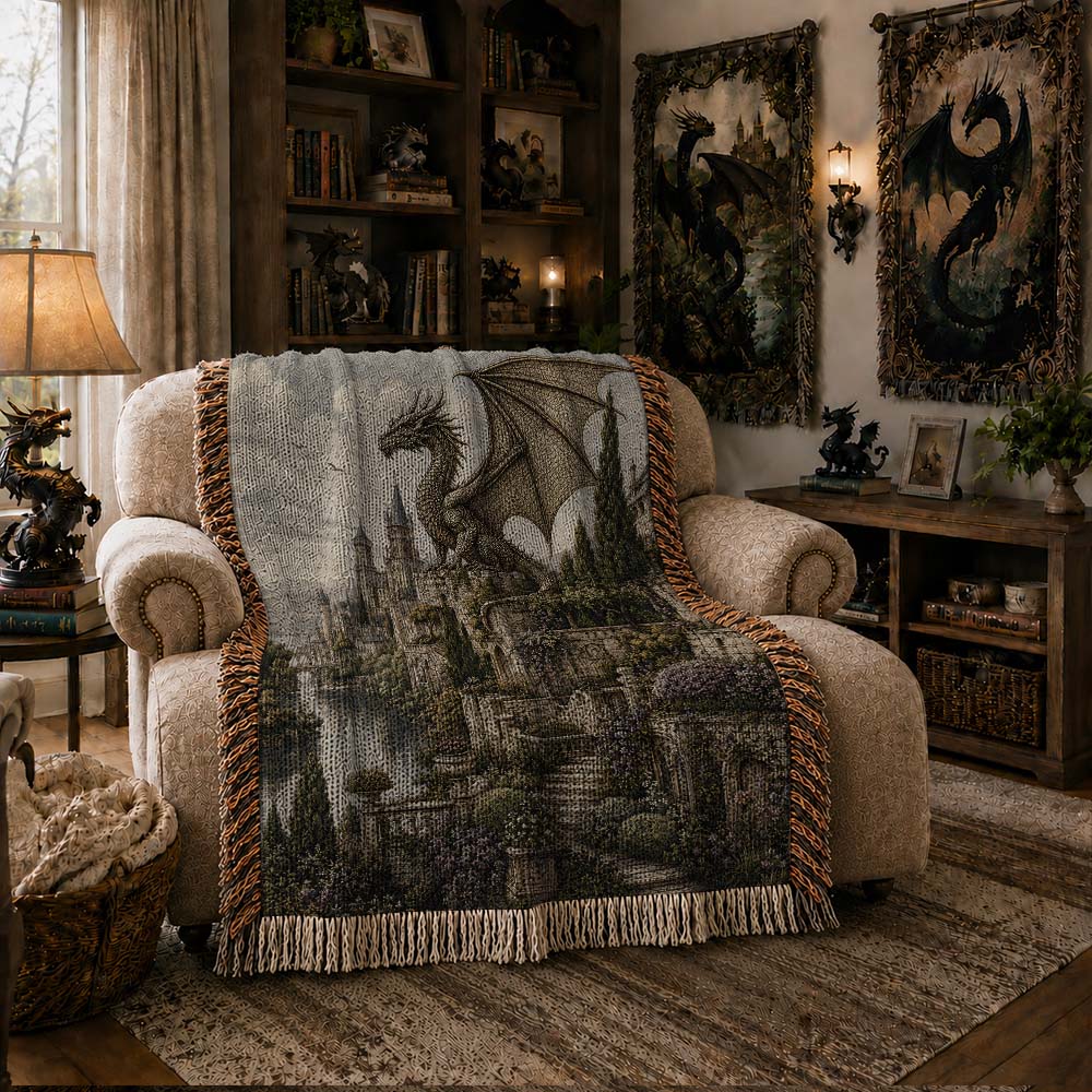 Castle Garden Dragon Woven Blanket - Fantasy Wall Decor
