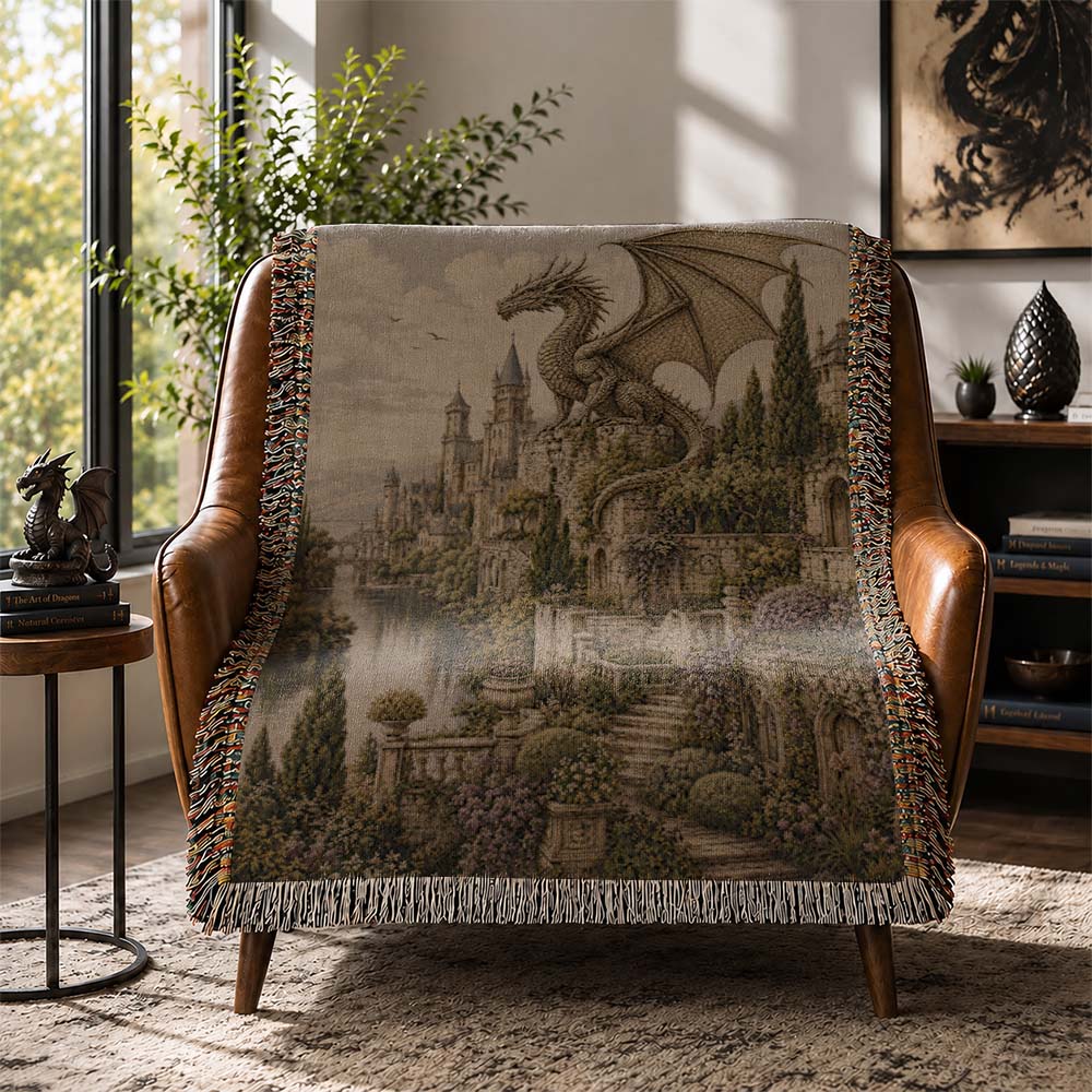 Castle Garden Dragon Woven Blanket - Fantasy Wall Decor