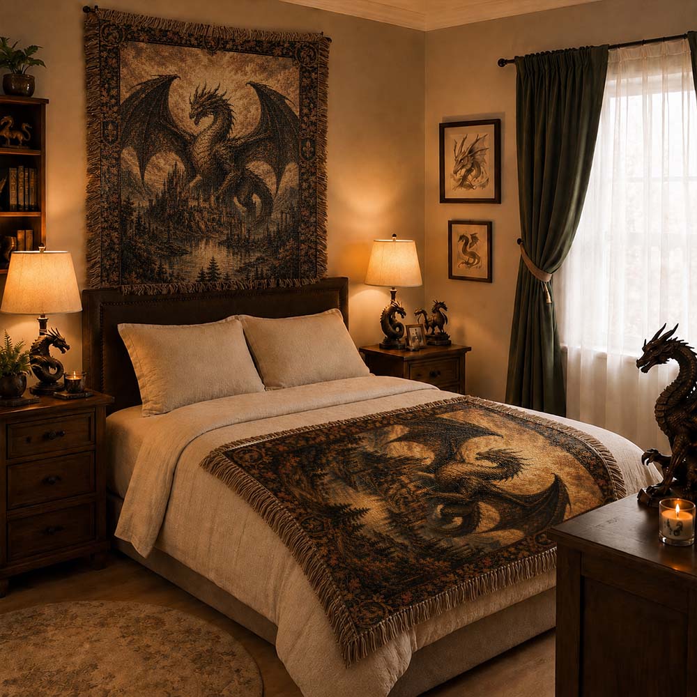 Golden Kingdom Dragon Woven Blanket - Medieval Fantasy Wall Decor