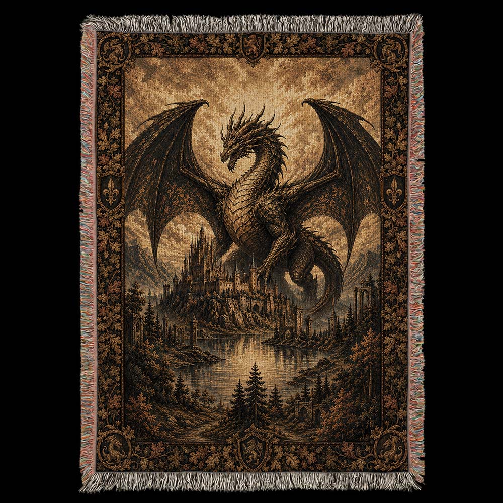 Golden Kingdom Dragon Woven Blanket - Medieval Fantasy Wall Decor