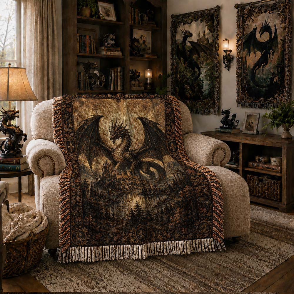 Golden Kingdom Dragon Woven Blanket - Medieval Fantasy Wall Decor
