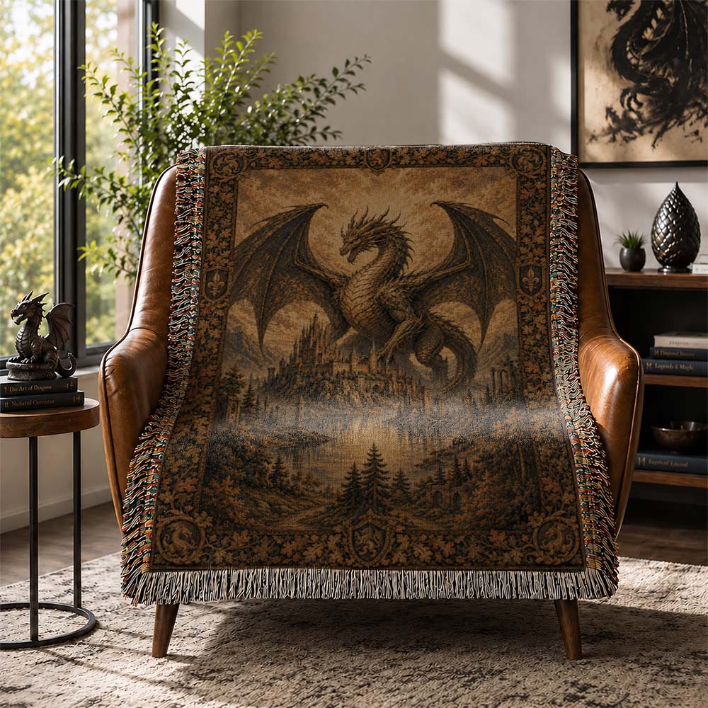 Golden Kingdom Dragon Woven Blanket - Medieval Fantasy Wall Decor